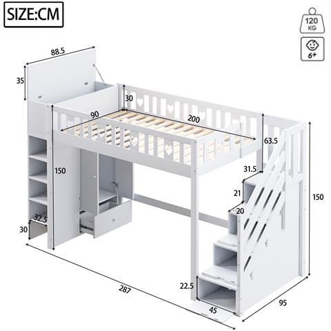 Letto Loft Con Scala Di Stoccaggio, Armadio Ribaltabile E Forma Cuore - Foto 3