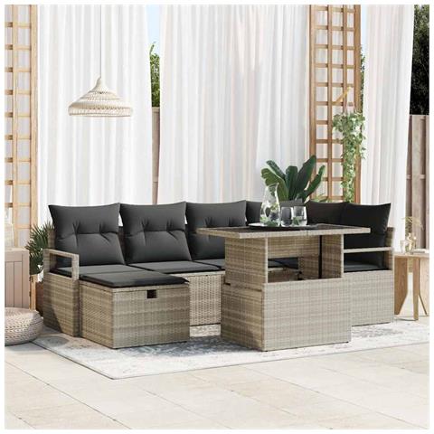 Set di Sofà da Giardino in 7 Pezzi con Cuscini Grigio Chiaro Vimini, Sofà da Giardino per 2 Persone con Cuscini Grigio Vimini - Foto 2