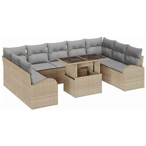 Set Divano Giardino 10 Pezzi con Cuscini Beige in Rattan Polietileno, Divano Giardino 2 Posti con Ripostiglio e Cuscini Beige in Rattan Polietileno - Foto 1
