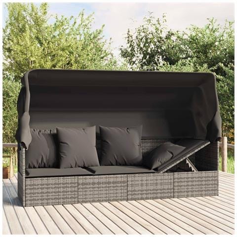 Lettino Prendisole Esterno Tetto e Cuscini Grigio Polyrattan - Foto 2