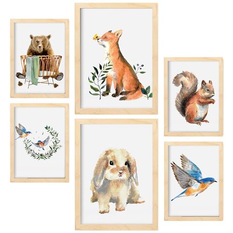 Set Di 6 Stampe Animali Ad Acquerello Per La Scuola Materna: Dipinti Decorativi Estetici Per Il Tuo Soggiorno, Camera Da Letto E Casa A3 & A4 Telaio In Legno Chiaro - Foto 1
