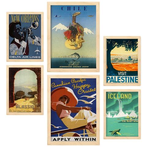 Set Di 6 Stampe Paese E Città Illustrazioni A Colori Di Cartelloni Turistici D'epoca Provenienti Da Tutto Il Mondo A3 & A4 Telaio In Legno Chiaro - Foto 1