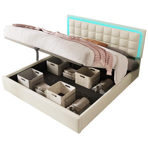 Letto Imbottito Con Pelle Pu, Led E Ampio Vano Di Stoccaggio - Foto 1