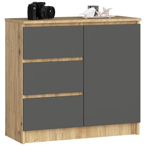 Cassettiera JERRY, 1 anta e 3 cassetti, 80x35x77 cm, Colore Quarcia Artisan e Grigia Grafite - Foto 1