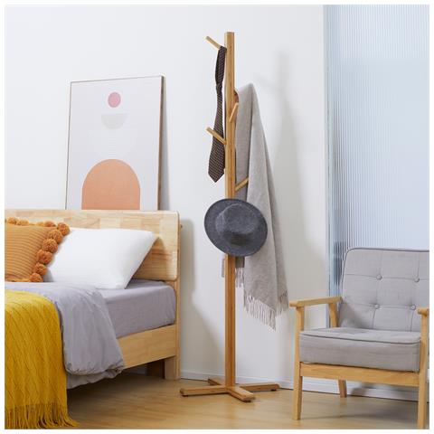 Appendi Abiti Da Terra In Legno Di Bambù Con 8 Ganci E Base A X, 49.5x 49.5x 178cm, Naturale - Foto 6