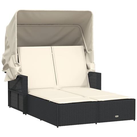 Lettino Prendisole Doppio Baldacchino e Cuscini Nero Polyrattan - Foto 1