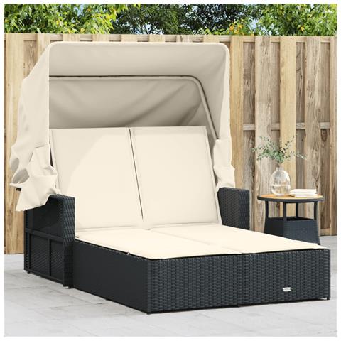 Lettino Prendisole Doppio Baldacchino e Cuscini Nero Polyrattan - Foto 2