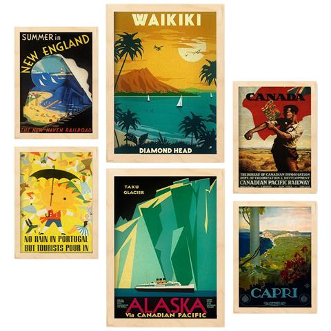 Set Di 6 Stampe Spiagge E Crociere Illustrazioni A Colori Di Cartelloni Pubblicitari Turistici D'epoca Provenienti Da Tutto Il Mondo A3 & A4 Telaio In Legno Chiaro - Foto 1