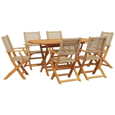 Set Pranzo Da Giardino 7 Pz Beige Polyrattan E Legno Massello - Foto 1