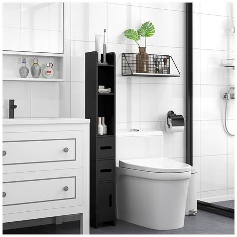 Colonna Bagno con Mensole e Armadietti, Mobile Alto Salvaspazio in Legno 15x17x120cm, Nero - Foto 2