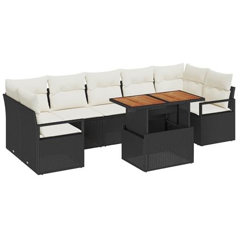 Set di Sofà da Giardino in 8 Pezzi con Cuscini Nero Rattan Polietilenico Acacia,  Sofà da Giardino per 2 Persone con Cuscini Nero Rattan Polietilenico - Foto 1