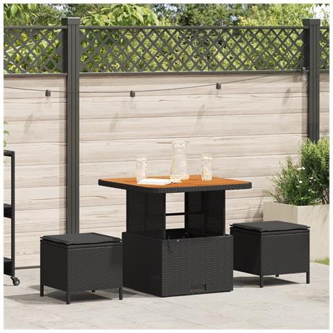 Set da Pranzo da Giardino in 3 Pezzi con Cuscini Nero in Rattan Sintetico e Acacia - Foto 2