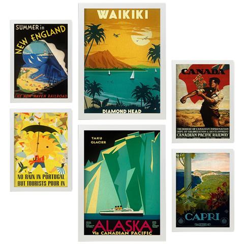 Set Di 6 Stampe Spiagge E Crociere Illustrazioni A Colori Di Cartelloni Turistici D'epoca Provenienti Da Tutto Il Mondo A3 & A4 Cornice Bianca - Foto 1