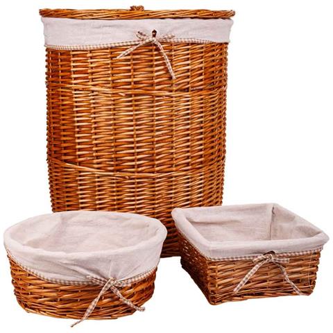 Set Composto Da Portabiancheria E Due Cestini In Vimini Foderati Marroni - Foto 1