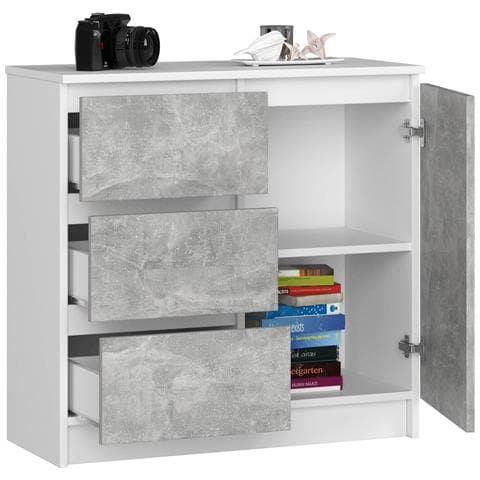 Cassettiera JERRY, 1 anta e 3 cassetti, 80x35x77 cm, Colore Bianco e Grigio Cemento - Foto 2