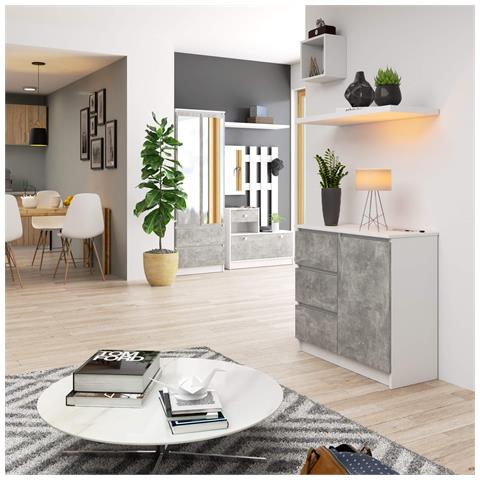 Cassettiera JERRY, 1 anta e 3 cassetti, 80x35x77 cm, Colore Bianco e Grigio Cemento - Foto 4