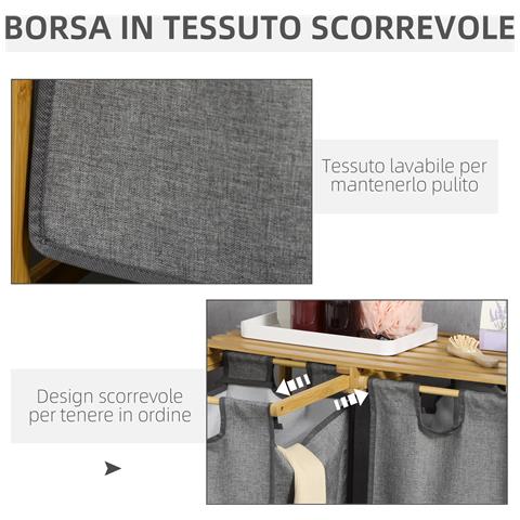 Portabiancheria In Legno Di Bambù Con Doppio Cesto Estraibile E Ripiano A Doghe, 63.5x33x73cm Grigio - Foto 6