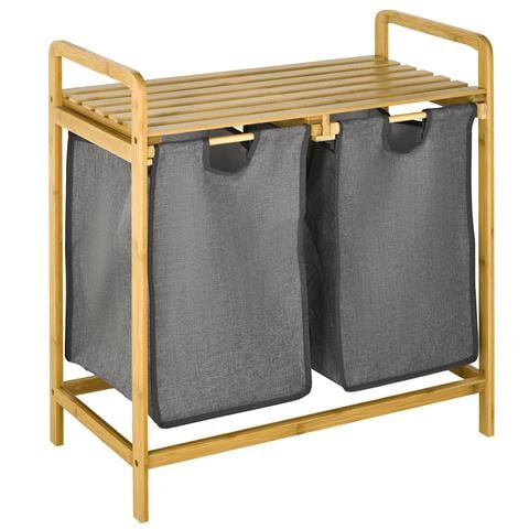 Portabiancheria In Legno Di Bambù Con Doppio Cesto Estraibile E Ripiano A Doghe, 63.5x33x73cm Grigio - Foto 1