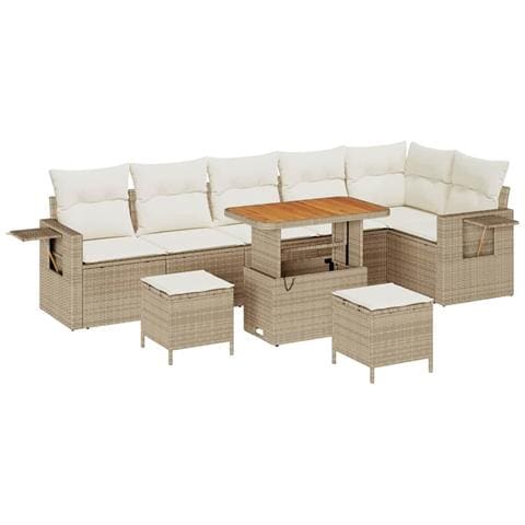 Set di divani da giardino  9 pezzi con cuscini Beige Rattan Poly Acacia, Set di pranzo da giardino  3 pezzi con cuscini Beige Rattan Poly Acacia - Foto 1