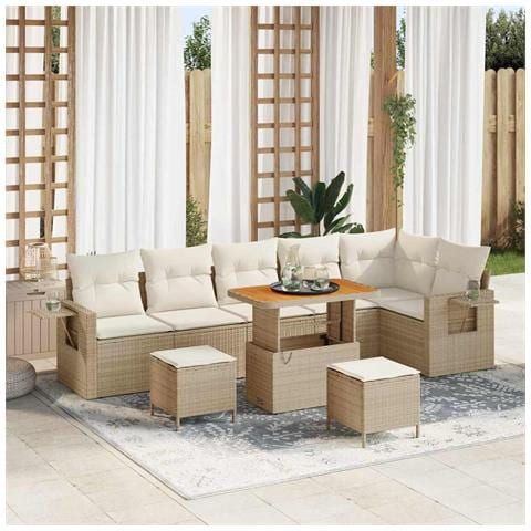 Set di divani da giardino  9 pezzi con cuscini Beige Rattan Poly Acacia, Set di pranzo da giardino  3 pezzi con cuscini Beige Rattan Poly Acacia - Foto 2