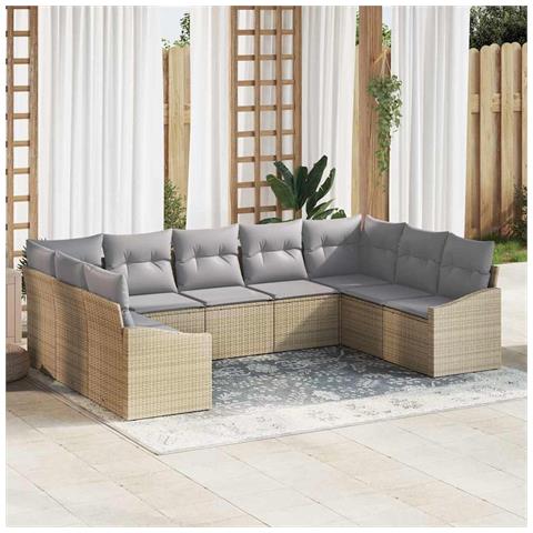 Set di Divani da Giardino da 9 Pezzi con Cuscini Beige in Rattan Polietilene - Foto 2