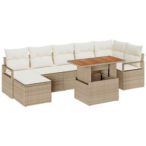 Set Divano da Giardino  8 Pezzi con Cuscini Beige Rattan Poly Acacia, Divano da Giardino  2 Posti con Cuscini Beige Rattan Poly - Foto 1