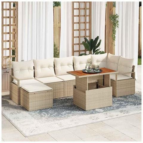 Set Divano da Giardino  8 Pezzi con Cuscini Beige Rattan Poly Acacia, Divano da Giardino  2 Posti con Cuscini Beige Rattan Poly - Foto 2