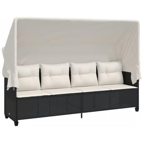 Lettino Prendisole con Baldacchino e Cuscini Nero Polyrattan - Foto 1