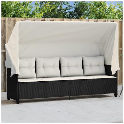 Lettino Prendisole con Baldacchino e Cuscini Nero Polyrattan - Foto 2