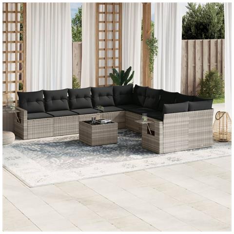 Set Divani da Giardino 11 pz con Cuscini in Polyrattan Grigio - Foto 2