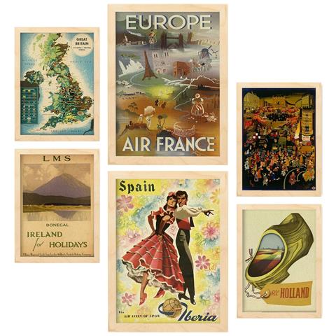 Set Di 6 Stampe Illustrazioni A Colori Di Cartelloni Pubblicitari Turistici D'epoca Provenienti Da Tutto Il Mondo, Provenienti Da Paesi Europei A3 & A4 Telaio In Legno Chiaro - Foto 1