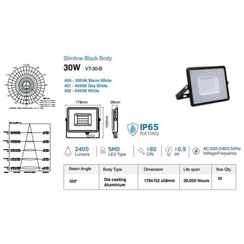 Faretti Led 30w Ip65 Samsung Slimline Nero Luce Calda 3000k V Tac Vt-30 400 - Foto 2