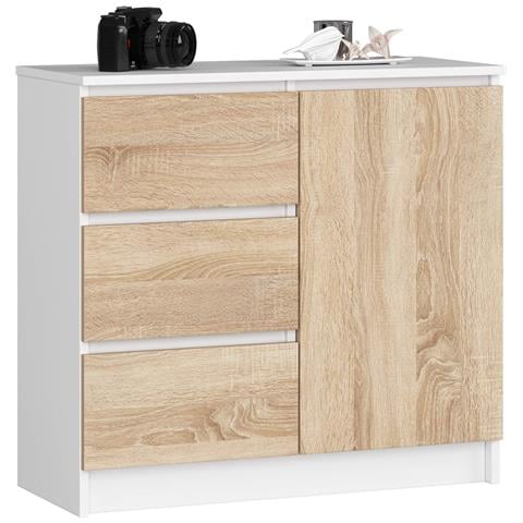 Cassettiera JERRY, 1 anta e 3 cassetti, 80x35x77 cm, Colore Bianco e Sonoma Quercia - Foto 1