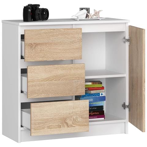 Cassettiera JERRY, 1 anta e 3 cassetti, 80x35x77 cm, Colore Bianco e Sonoma Quercia - Foto 2