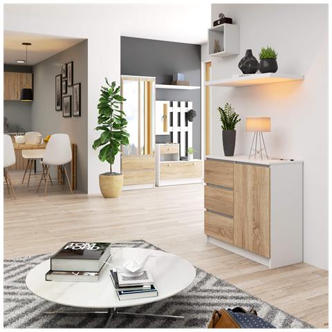 Cassettiera JERRY, 1 anta e 3 cassetti, 80x35x77 cm, Colore Bianco e Sonoma Quercia - Foto 4