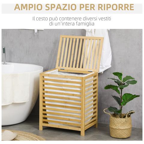 Cesto Portabiancheria A Doghe In Bambù E Tessuto Con Coperchio E Sacca Rimovibile, 50x36x60 Cm - Foto 2