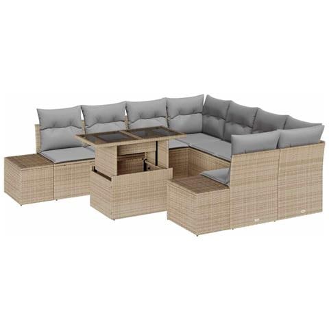 Set di divani da giardino 9 pezzi con cuscini beige in polyrattan - Foto 1