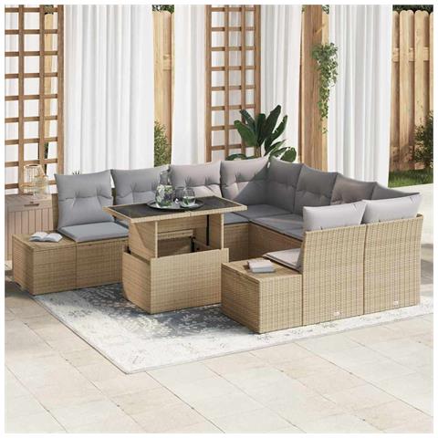 Set di divani da giardino 9 pezzi con cuscini beige in polyrattan - Foto 2