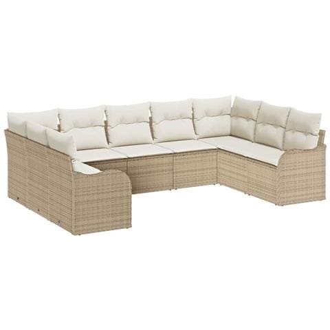 Set di Divani da Giardino da 9 Pezzi con Cuscini Beige in Rattan Polietilene,  Divano da Giardino a Due Posti con Cuscini Beige in Rattan Polietilene - Foto 1
