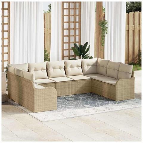 Set di Divani da Giardino da 9 Pezzi con Cuscini Beige in Rattan Polietilene,  Divano da Giardino a Due Posti con Cuscini Beige in Rattan Polietilene - Foto 2
