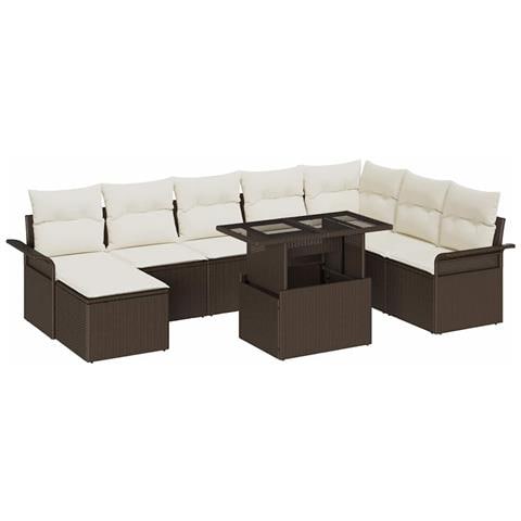 Set di Sofà Giardino  9 pezzi con Cuscini Marrone Polyrattan, Sofà Giardino  con Ripostiglio e Cuscini Marrone Polyrattan - Foto 1
