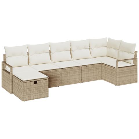 Set divano da giardino 7 pezzi con cuscini beige in polirattan,  Divano da giardino 2 posti con cuscini beige in polirattan - Foto 1