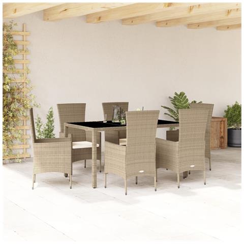 Set da Pranzo da Giardino 7 pz con Cuscini Beige in Polyrattan - Foto 2