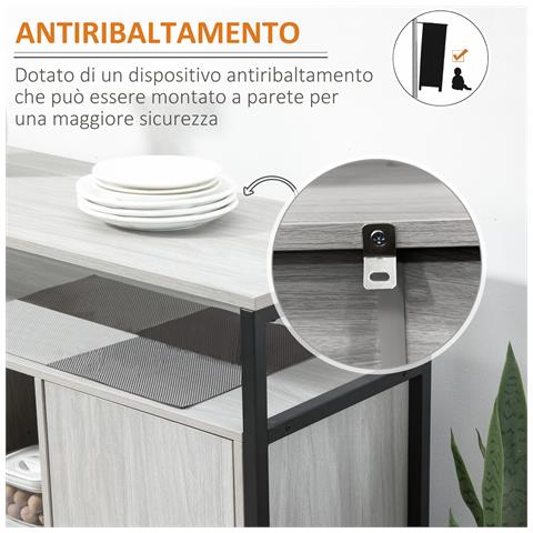 Credenza Moderna In Legno Con 2 Armadietti E Ripiani, Mobile Cucina E Per Ingresso Grigio Chiaro, 100x34x87.2cm - Foto 6