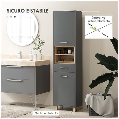 Colonna Bagno Moderna con Cassetto e Armadietti in Legno e Lega di Alluminio, 40x24x160 cm, Grigio - Foto 6
