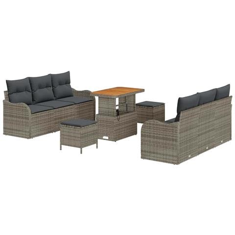 Set di Divani da Giardino  9 Pezzi con Cuscini Grigi in Rattan Composito e Acacia, Divano da Giardino  2 Posti con Cuscini Grigi in Rattan Composito, Set da Pranzo da Giardino 3 Pezzi con Cuscini Grigi in Rattan Composito e Acacia - Foto 1