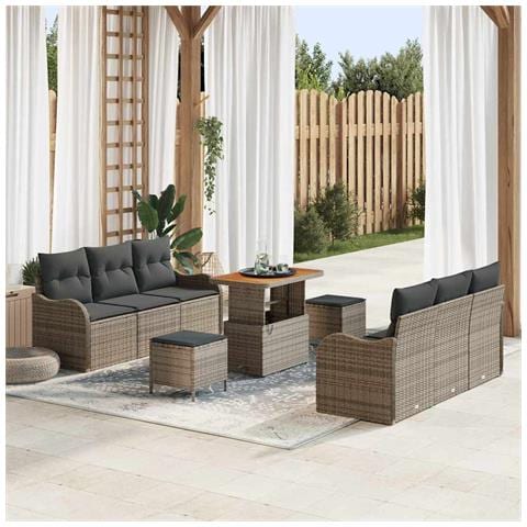 Set di Divani da Giardino  9 Pezzi con Cuscini Grigi in Rattan Composito e Acacia, Divano da Giardino  2 Posti con Cuscini Grigi in Rattan Composito, Set da Pranzo da Giardino 3 Pezzi con Cuscini Grigi in Rattan Composito e Acacia - Foto 2