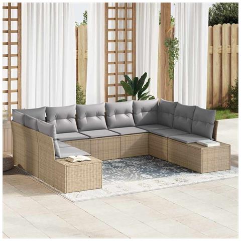 Set di Divani da Giardino da 9 Pezzi con Cuscini Beige in Rattan Sintetico - Foto 2