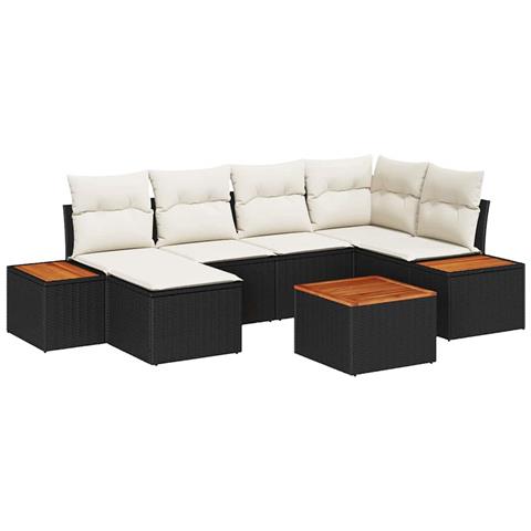 Set Divano da Giardino a 7 Pezzi con Cuscini Nero Polyrattan Acacia - Foto 1