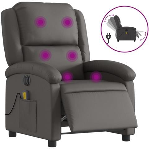 Poltrona Massaggiante Reclinabile Elettrica Grigia Vera Pelle - Foto 1